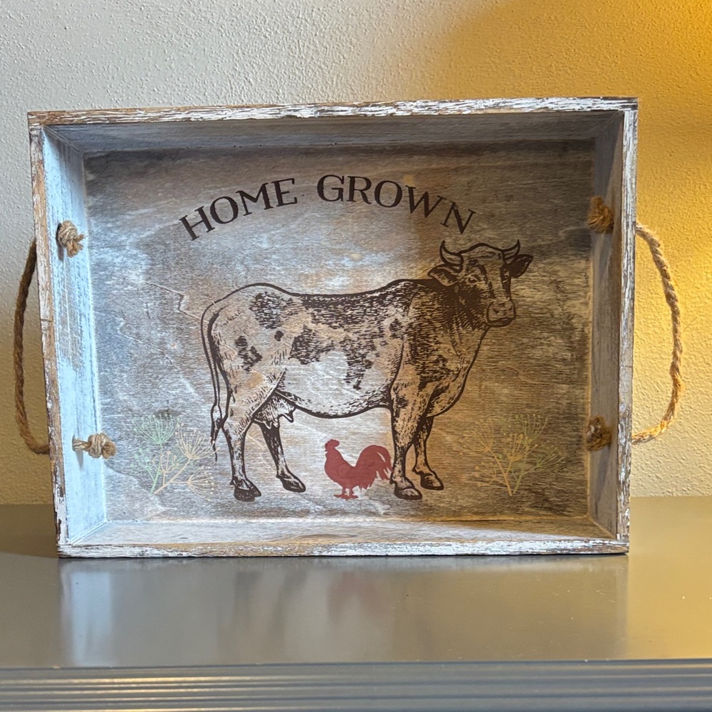 Rustic Farmhouse Decorative Tray with Cow and Rooster Design
